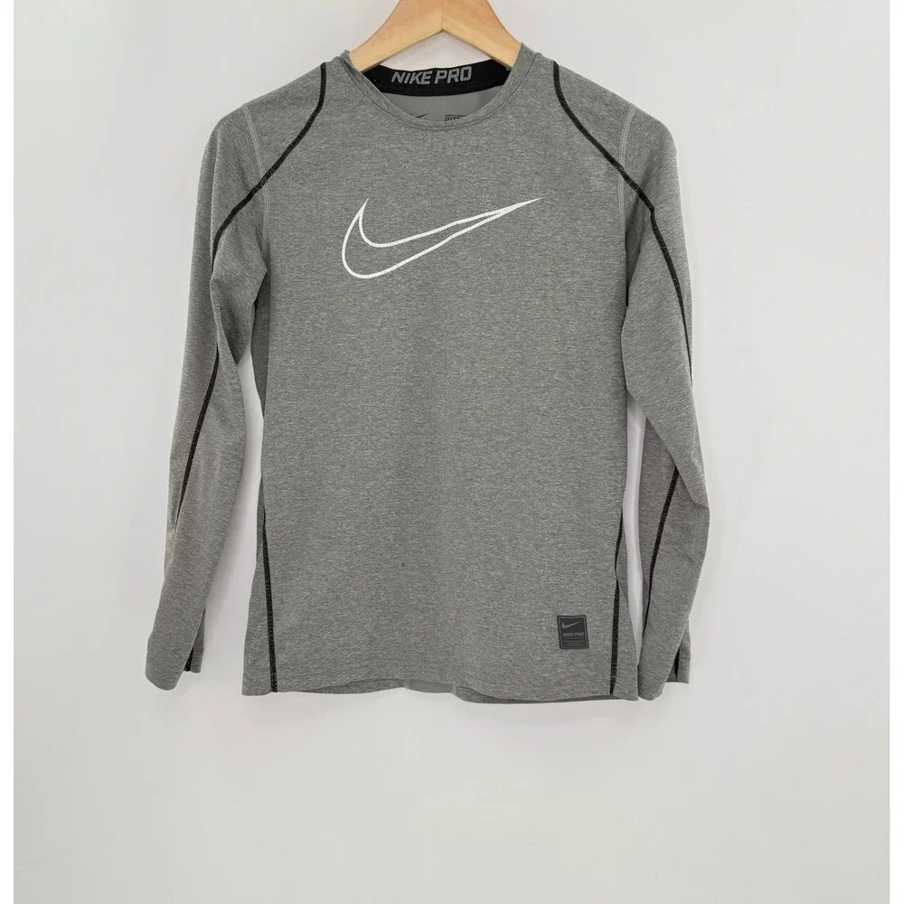 Nike Pro Fitted Training Long Sleeve Top Gray Kids L Large Activewear See Photos